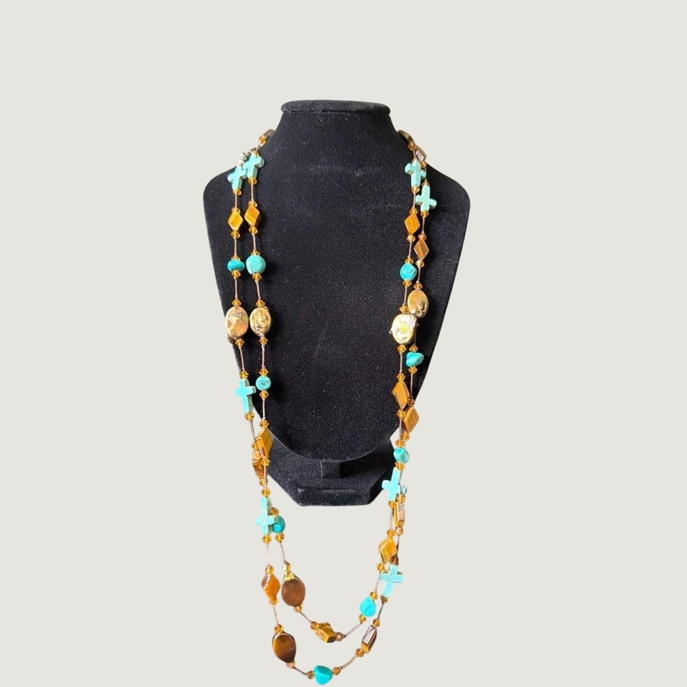 KL Studio Tiger's Eye Turquoise Cross Necklace 54" Silk Sterling Silver Boho